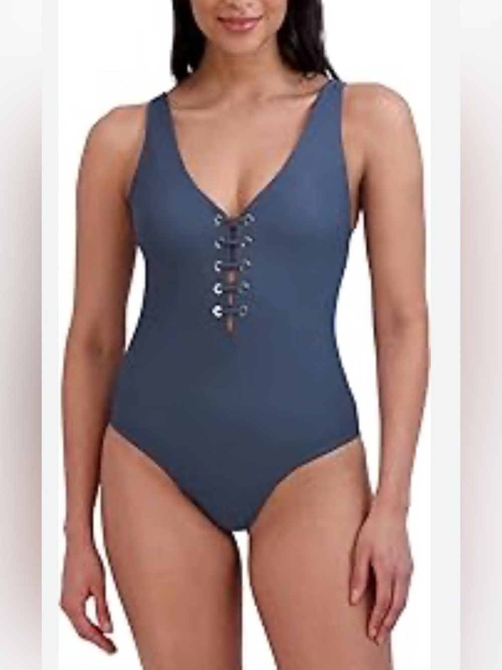 BCBGMAXAZRIA one-piece swimsuit Faux lace-up. Removable cups. Grey-blue XL. NWT